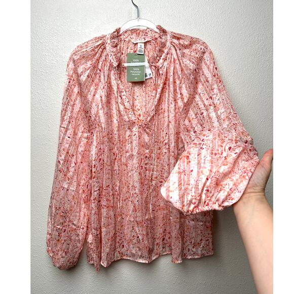 NWT H&M Floral Ruffle Tie-Neck Crêpe Blouse Peach Pink L - Picture 1 of 13